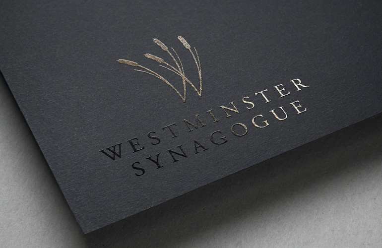 Westminster Synagogue logo foil blocking detail designed by The Joneses